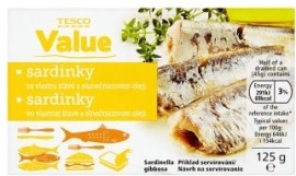 Tesco Sardinky vo vlastnej šťave a slnečnicovom oleji 125g