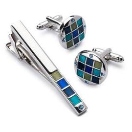 Manžetové gombíky so sponou na kravatu modrá mozaika 0741