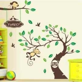 Zooyoo Detská nálepka na stenu Zelený strom s Opicami