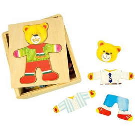 Bigjigs Drevené obliekacie puzzle v krabičke – Pán Medveď