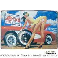 Ceduľa RETRO Girl - Watch Your CURVES ! eat more BEEF - cena, porovnanie