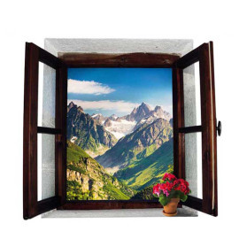 Veselá Stena Samolepka Okno s výhľadom na hory