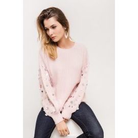 Rouzit Ružový dámsky sveter so zdobenými rukávmi