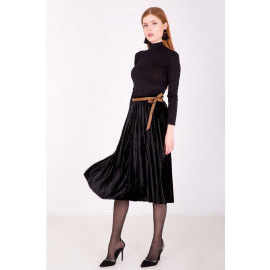 Rouzit Polodlhá čierna plisovaná sukňa s imitáciou opasku