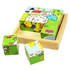 Bigjigs Toys Drevené obrázkové kocky kubusy - Zvieratká - 9 kociek