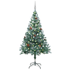 vidaXL Omrznutý umelý vianočný stromček s LED, súpravou gulí a šiškami 150cm