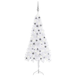 vidaXL Rohový umelý vianočný stromček s LED a guľami biely 210cm PVC