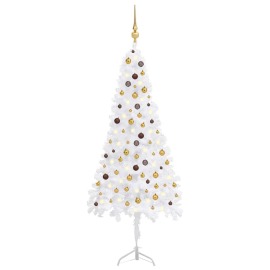 vidaXL Rohový umelý vianočný stromček s LED a guľami biely 240cm PVC