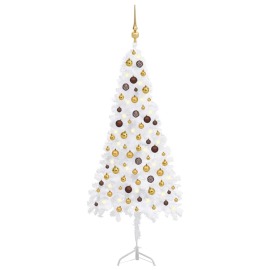 vidaXL Rohový umelý vianočný stromček s LED s guľami biely 150cm PVC