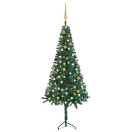 vidaXL Rohový umelý vianočný stromček s LED s guľami zelený 210cm PVC
