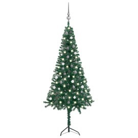 vidaXL Rohový umelý vianočný stromček s LED s guľami zelený 240cm PVC