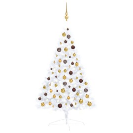 vidaXL Umelý polovičný vianočný stromček s LED a guľami biely 120cm