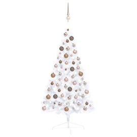 vidaXL Umelý pol vianočný stromček s LED a guľami biely 120cm