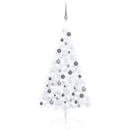 vidaXL Umelý pol vianočný stromček s LED a guľami biely 120cm PVC
