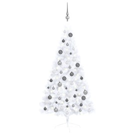 vidaXL Umelý pol vianočný stromček s LED a guľami biely 150cm