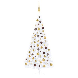 vidaXL Umelý pol vianočný stromček s LED a guľami biely 210cm