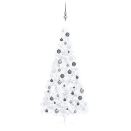 vidaXL Umelý pol vianočný stromček s LED a guľami biely 210cm PVC