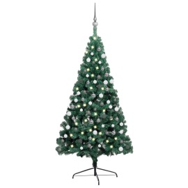 vidaXL Umelý vianočný polovičný stromček s LED a guľami zelený 180cm