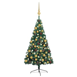 vidaXL Umelý vianočný polovičný stromček s LED a súpravou gulí zelený 150cm