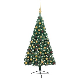 vidaXL Umelý vianočný pol stromček s LED a guľami zelený 210cm