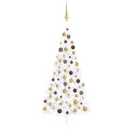vidaXL Umelý vianočný pol stromček s LED a súpravou gulí biely 180cm