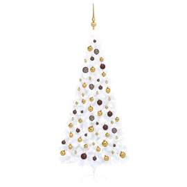 vidaXL Umelý vianočný pol stromček s LED a súpravou gulí biely 240cm