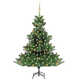 vidaXL Umelý vianočný stromček jedľa Nordmann LED a gule zelený 210cm