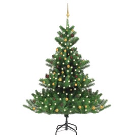 vidaXL Umelý vianočný stromček jedľa Nordmann LED a gule zelený 240cm