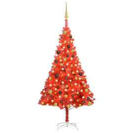 vidaXL Umelý vianočný stromček s LED a guľami červený 150cm PVC