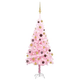 vidaXL Umelý vianočný stromček s LED a guľami ružový 120cm PVC
