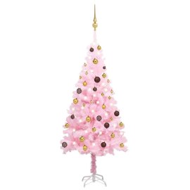 vidaXL Umelý vianočný stromček s LED a guľami ružový 150cm PVC