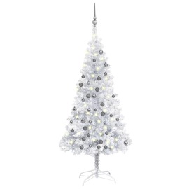 vidaXL Umelý vianočný stromček s LED a guľami strieborný 150cm PET