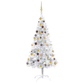vidaXL Umelý vianočný stromček s LED a guľami strieborný 180cm PET