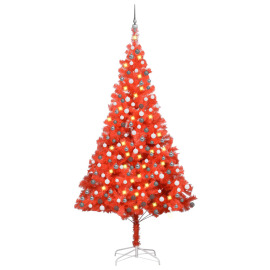 vidaXL Umelý vianočný stromček s LED a súpravou gulí 210cm červený PVC