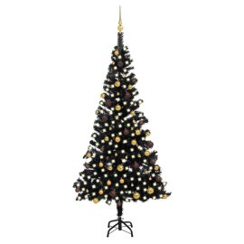 vidaXL Umelý vianočný stromček s LED a súpravou gulí 210cm čierny PVC