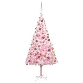 vidaXL Umelý vianočný stromček s LED a súpravou gulí 210cm ružový PVC