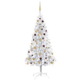 vidaXL Umelý vianočný stromček s LED a súpravou gulí 210cm strieborný PET
