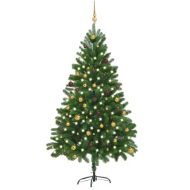 vidaXL Umelý vianočný stromček s LED a súpravou gulí 210cm zelený