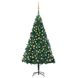 vidaXL Umelý vianočný stromček s LED a súpravou gulí 210cm zelený PVC