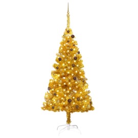 vidaXL Umelý vianočný stromček s LED a súpravou gulí 210cm zlatý PET