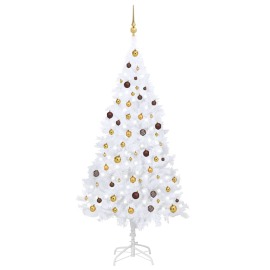 vidaXL Umelý vianočný stromček s LED a súpravou gulí biely 210cm PVC