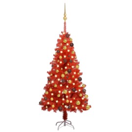 vidaXL Umelý vianočný stromček s LED a súpravou gulí červený 120cm PVC