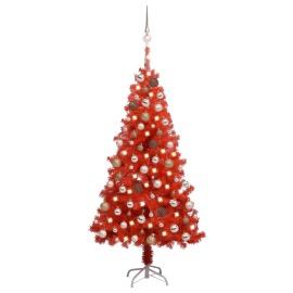 vidaXL Umelý vianočný stromček s LED a súpravou gulí červený 150cm PVC