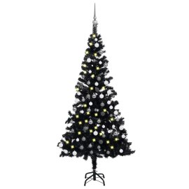 vidaXL Umelý vianočný stromček s LED a súpravou gulí čierny 150cm PVC