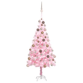 vidaXL Umelý vianočný stromček s LED a súpravou gulí ružový 180cm PVC