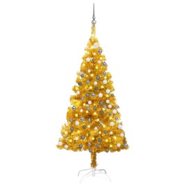vidaXL Umelý vianočný stromček s LED a súpravou gulí zlatý 150cm PET