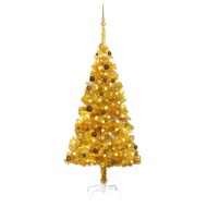 vidaXL Umelý vianočný stromček s LED a súpravou gulí zlatý 180cm PET - cena, porovnanie