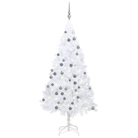 vidaXL Umelý vianočný stromček s LED so súpravou gulí biely 150cm PVC