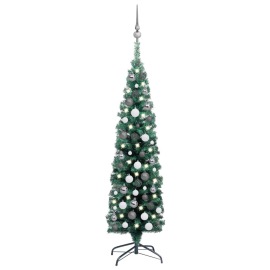 vidaXL Úzky umelý vianočný stromček s LED a sadou gulí zelený 120cm