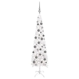 vidaXL Úzky vianočný stromček s LED a sadou gulí biely 120cm